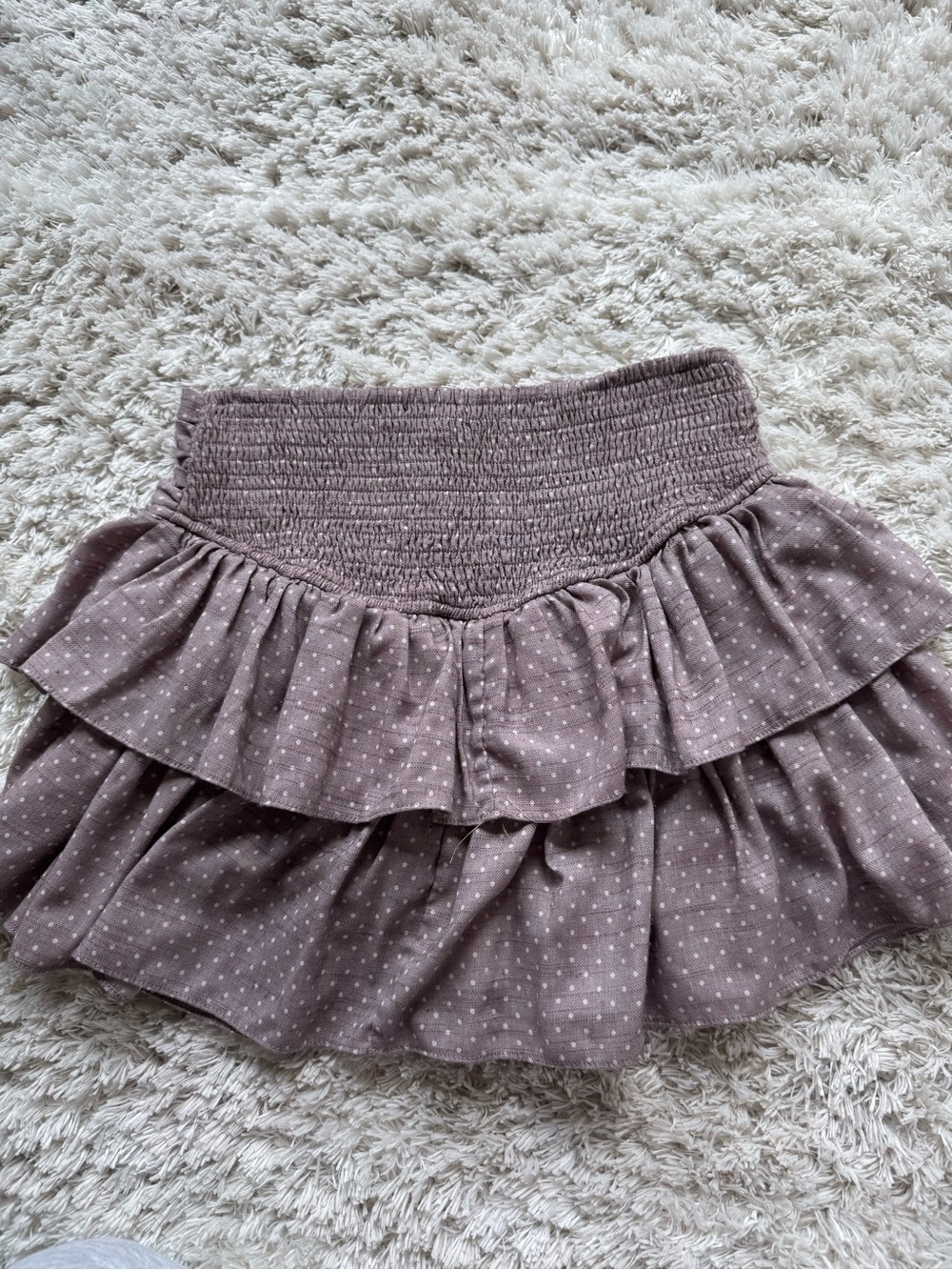 Mustard Seed Mauve Polka Dot Smocked Ruffle Mini Skirt